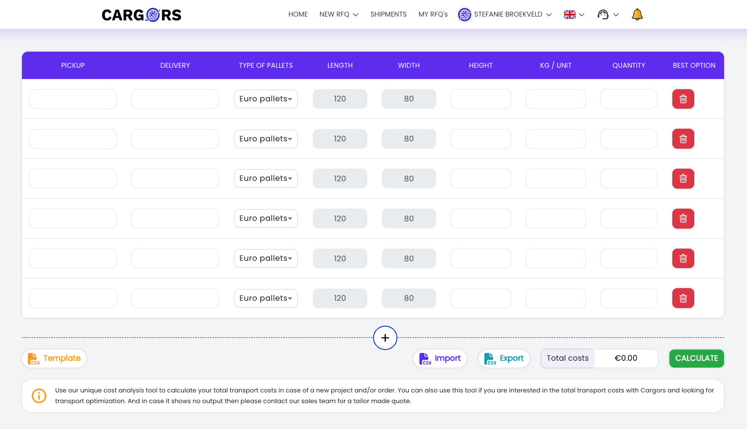 Cargors cost analysis tool — calculate pallet transport costs for multiple destinations in one overview