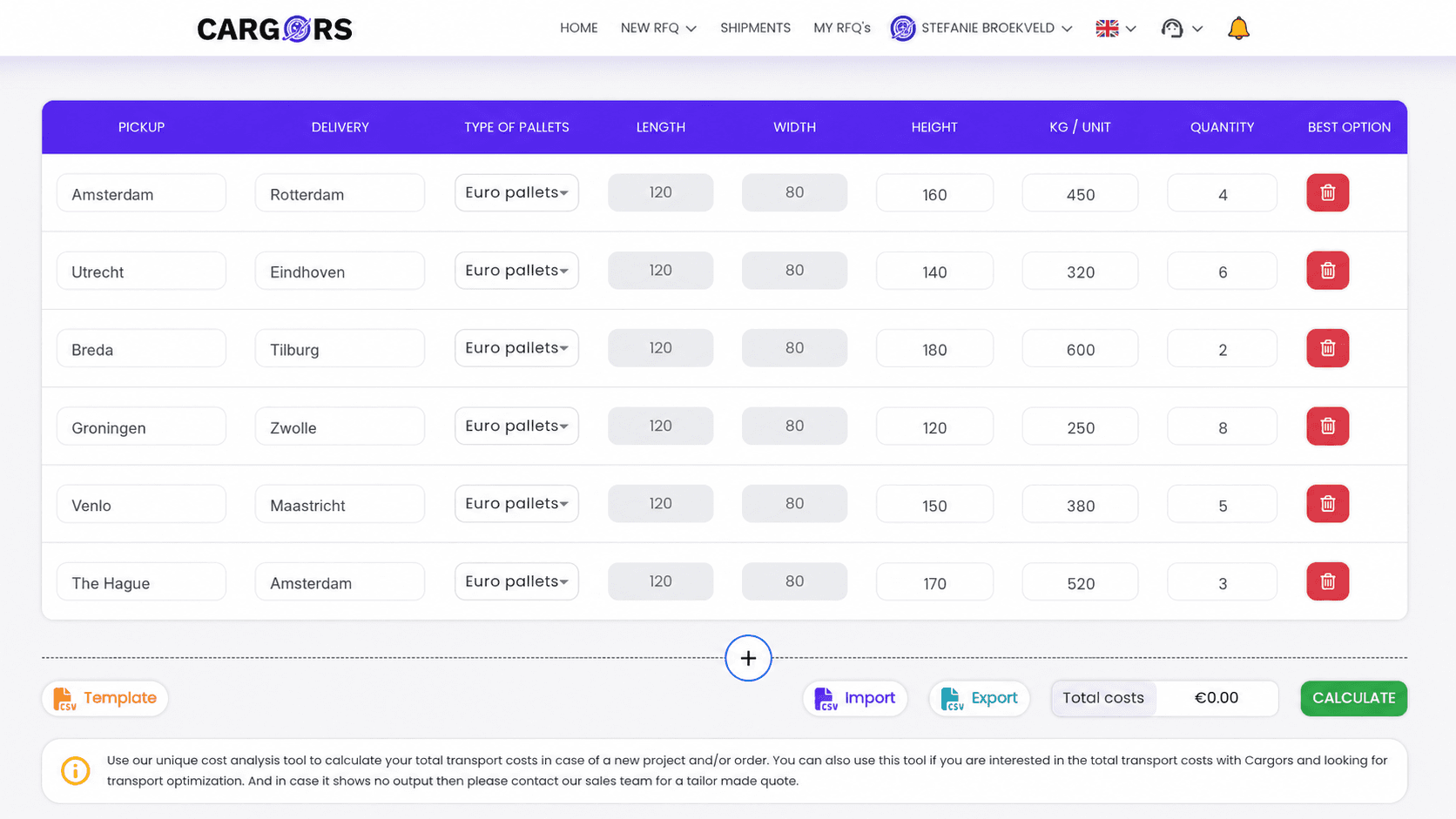 Cargors cost analysis tool - calculate pallet transport costs for multiple destinations in one overview