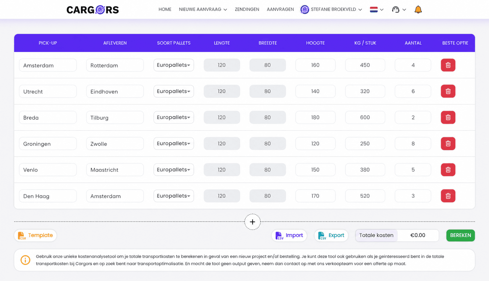 Cargors cost analysis tool - calculate pallet transport costs for multiple destinations in one overview