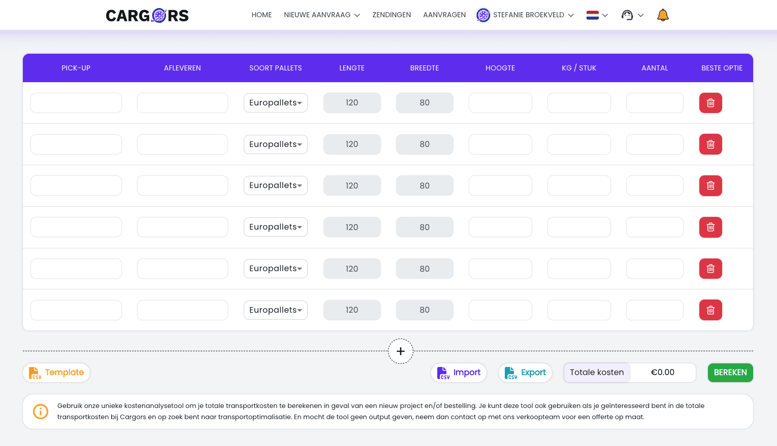 Cargors cost analysis tool - calculate pallet transport costs for multiple destinations in one overview