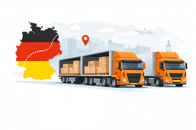 Vectorillustratie van groupage transport naar Duitsland met drie vrachtwagens vol pallets en een gestileerde kaart van Duitsland met locatiepin