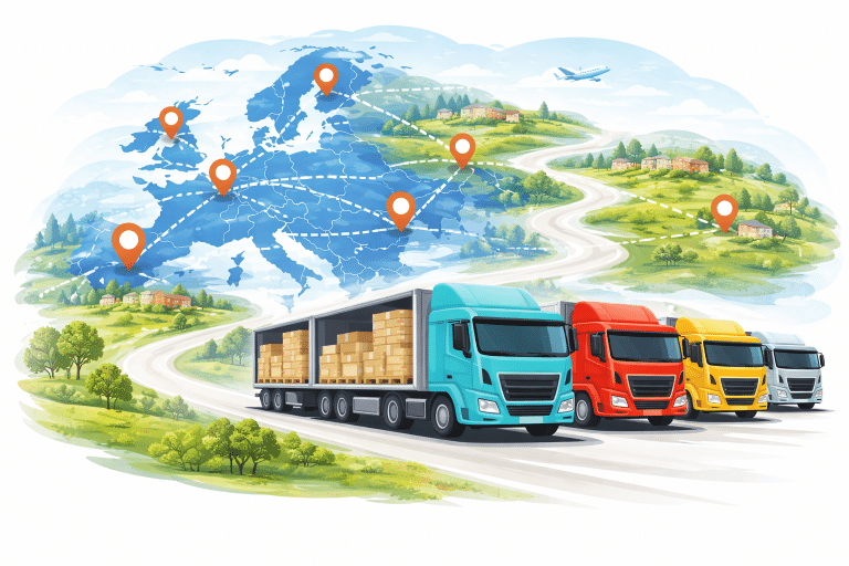Illustratie van deellading (LTL) transport in Europa met meerdere gekleurde vrachtwagens op een directe route